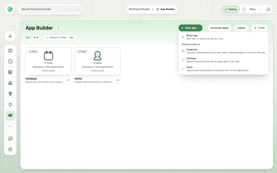 Le menu Nouvelle app d'App Builder, proposant une application vierge ou les exemples Expenses, Holidays et Skills.