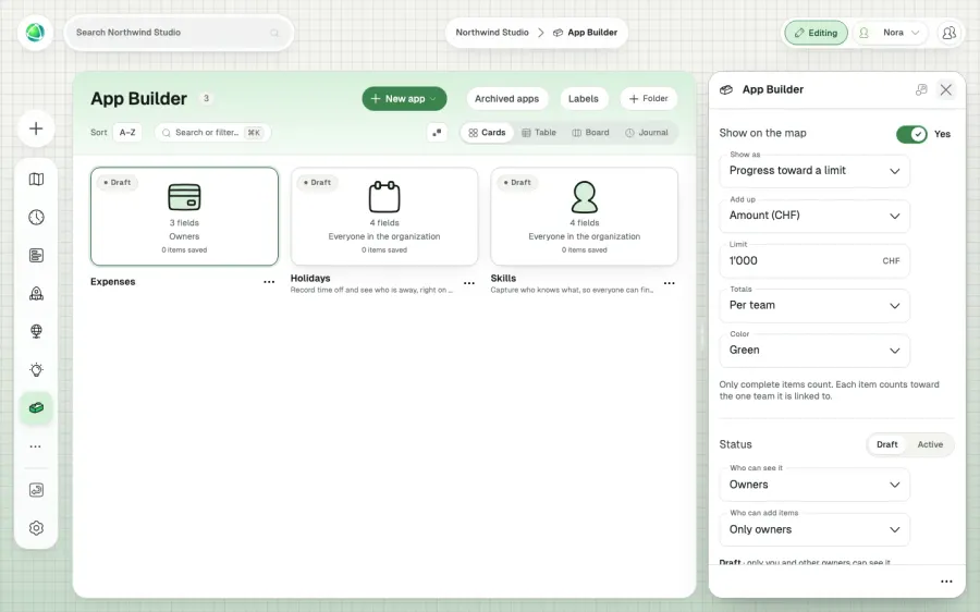 Les réglages de carte d'une application, affichée comme progression vers une limite, en additionnant le champ Montant face à une limite de CHF 1'000, avec des totaux par équipe.