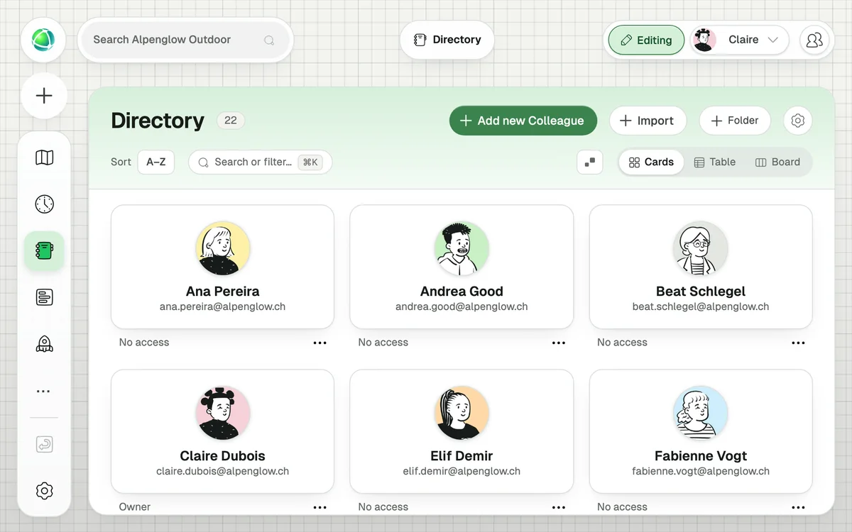 Capture d'écran de l'App Annuaire en action ; montre comment avoir un aperçu rapide de tous les collègues de votre organisation.