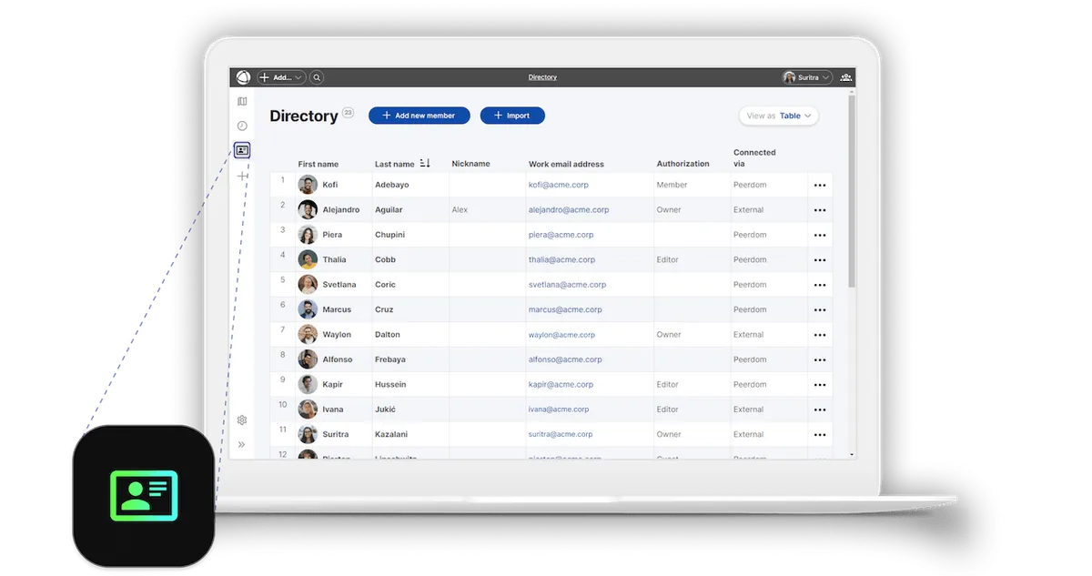 Screenshot of the Directoy app in action; shows how one can have a quick overview over all peers in your organization.