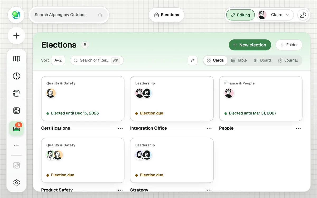 Peerdom Elections app: elected roles with the date each term ends