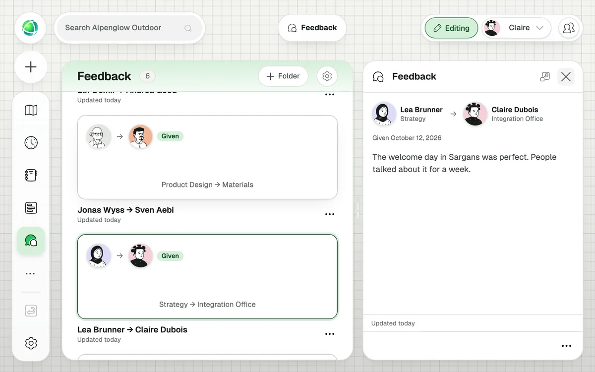 Peerdom Feedback app: feedback from Lea Brunner to Claire Dubois, tied to their roles