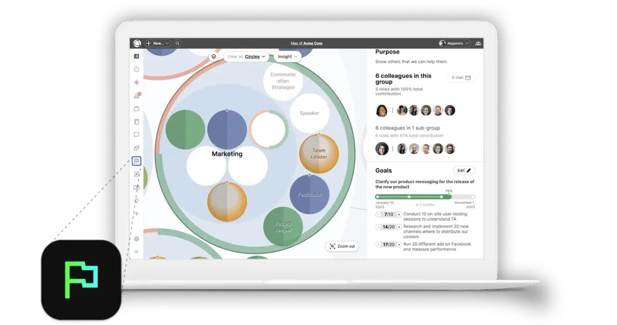 Screenshot of the Goals app in action; shows how much of a goals has been achieved around the selected group on the map.
