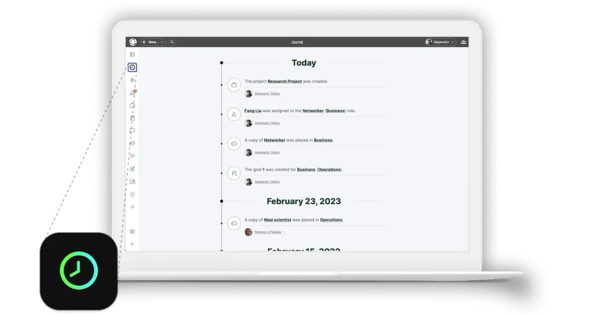 Screenshot der Journal-App, die die Zeitleiste der letzten in Peerdom durchgeführten Aktionen zeigt.
