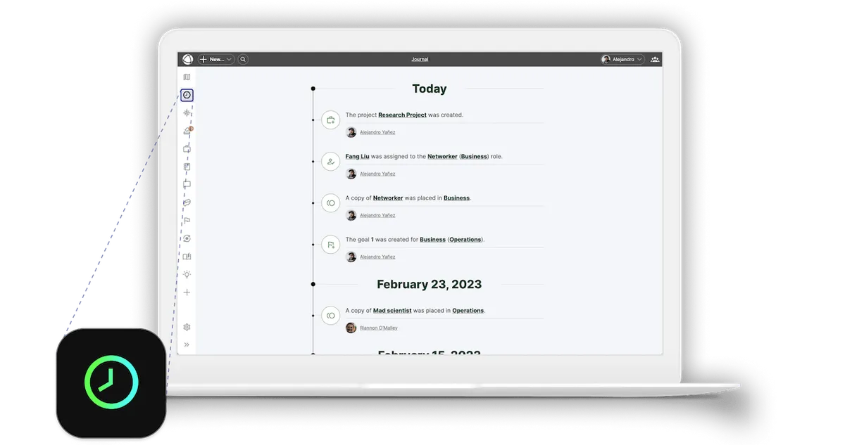 Screenshot of the Journal app, where one sees the timeline of the last actions taken in Peerdom.