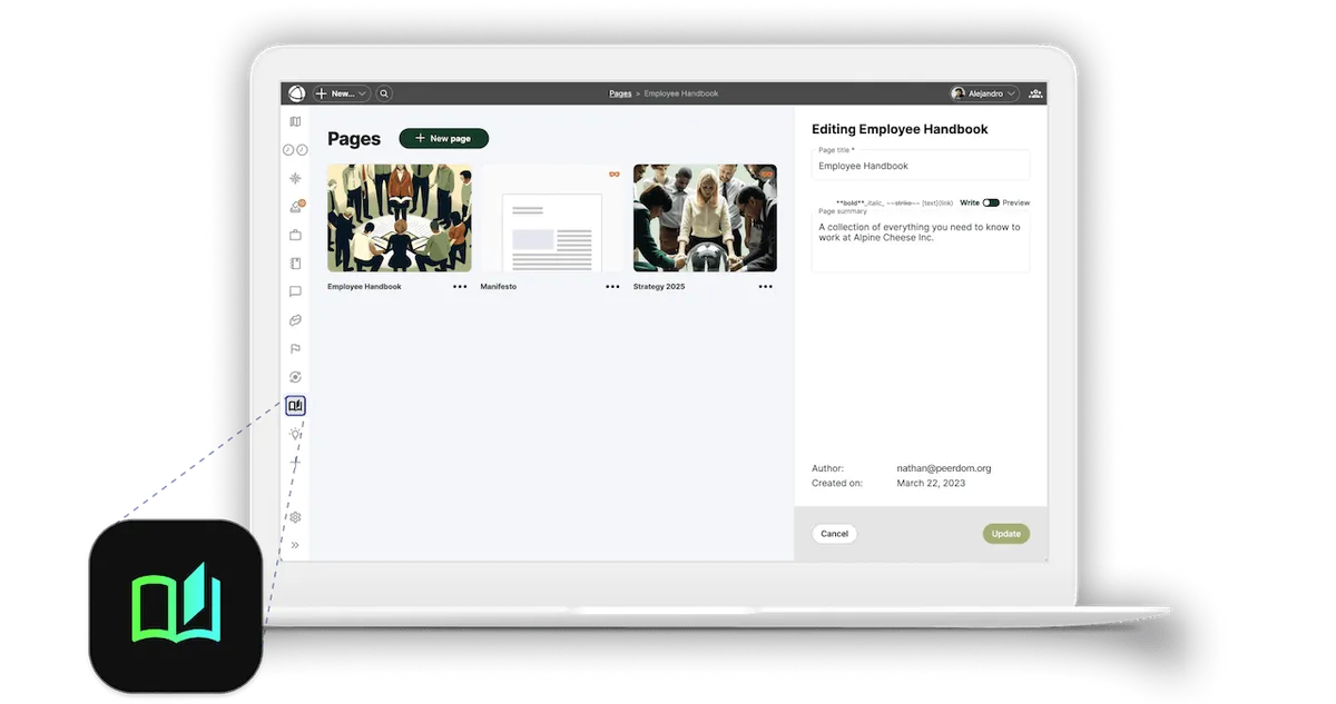 Screenshot of the Pages app in action; shows how you can have several Pages in your Pages App.