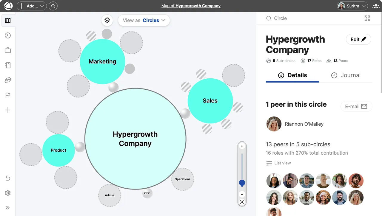 Screenshot einer Peerdom-Map einer Organisation im schnellen Wachstum