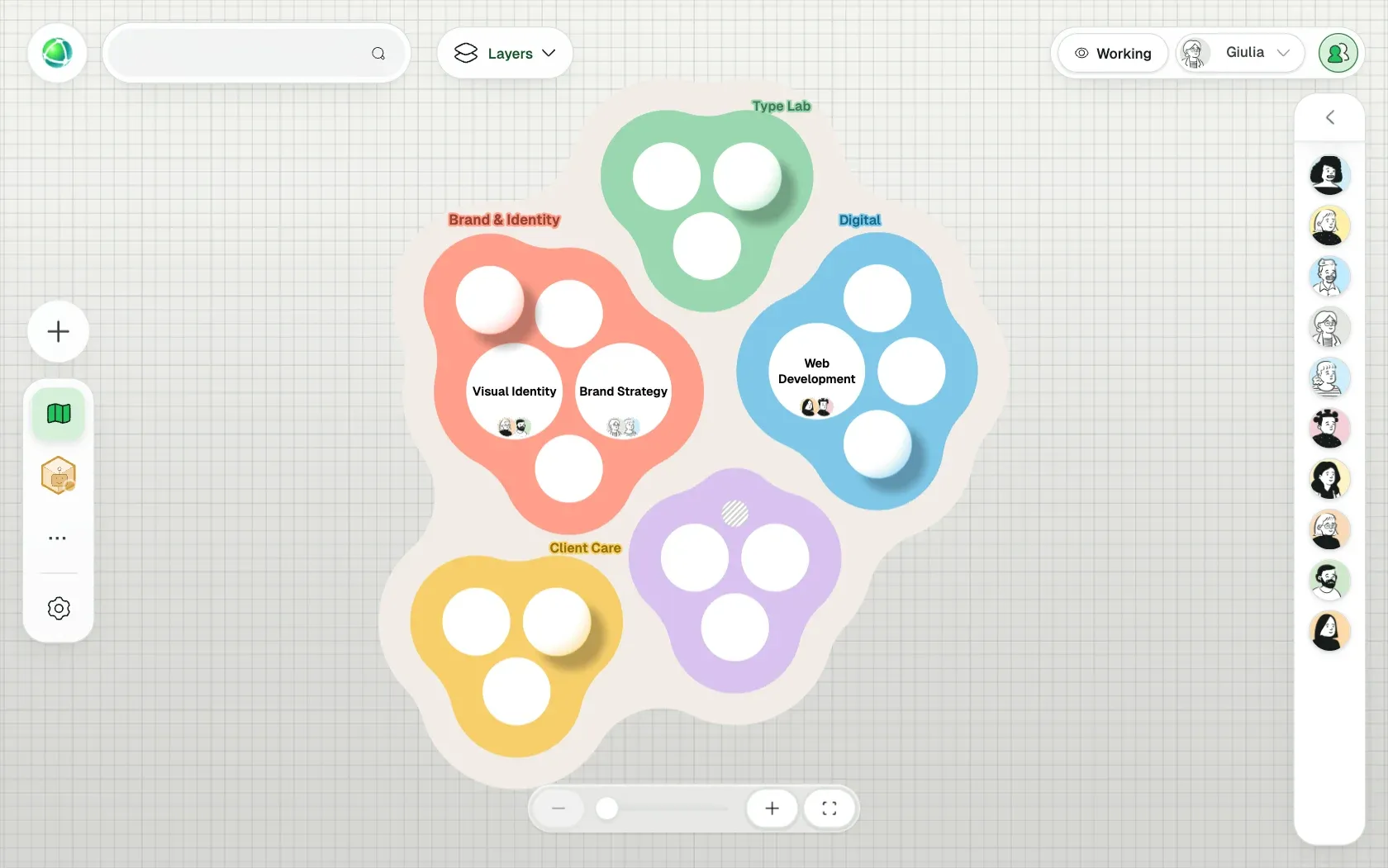 Peerdom showing Studio Faro, a fictional organization of 10 people, as Clusters: its teams, the roles in each team and who holds them.