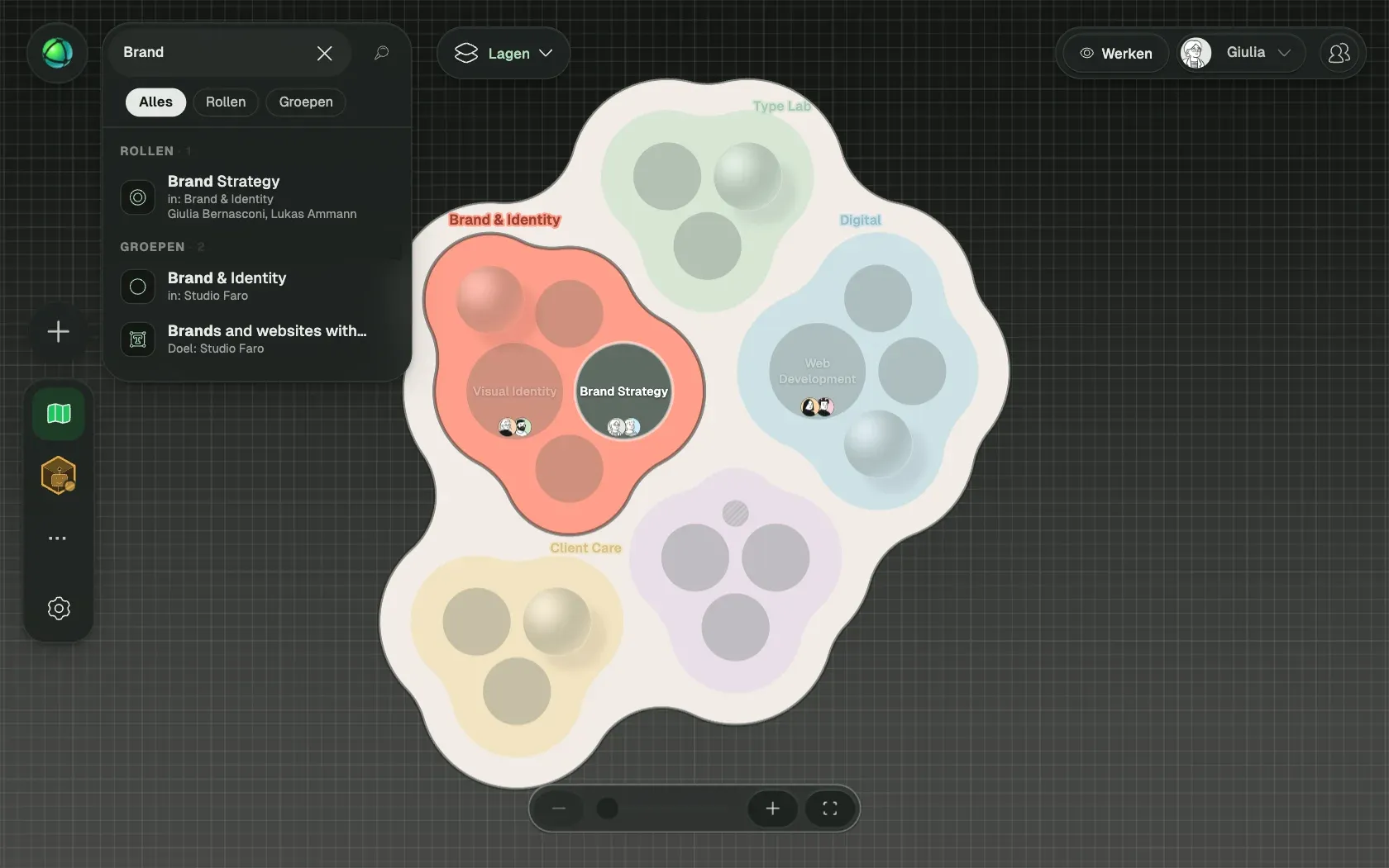 Peerdom toont Studio Faro, een fictieve organisatie van 10 mensen, als Clusters: de teams, de rollen in elk team en wie ze vervult.