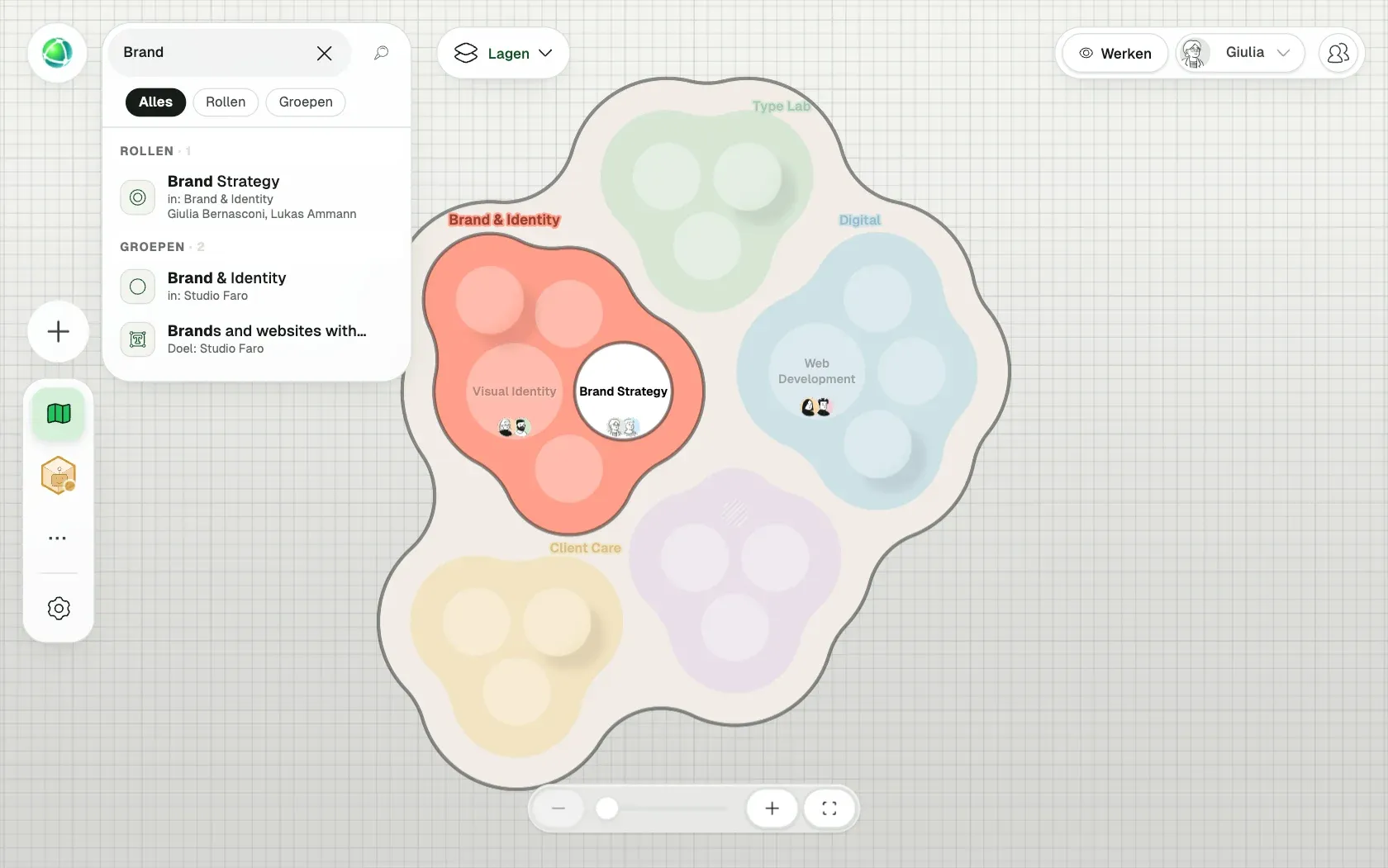 Peerdom toont Studio Faro, een fictieve organisatie van 10 mensen, als Clusters: de teams, de rollen in elk team en wie ze vervult.