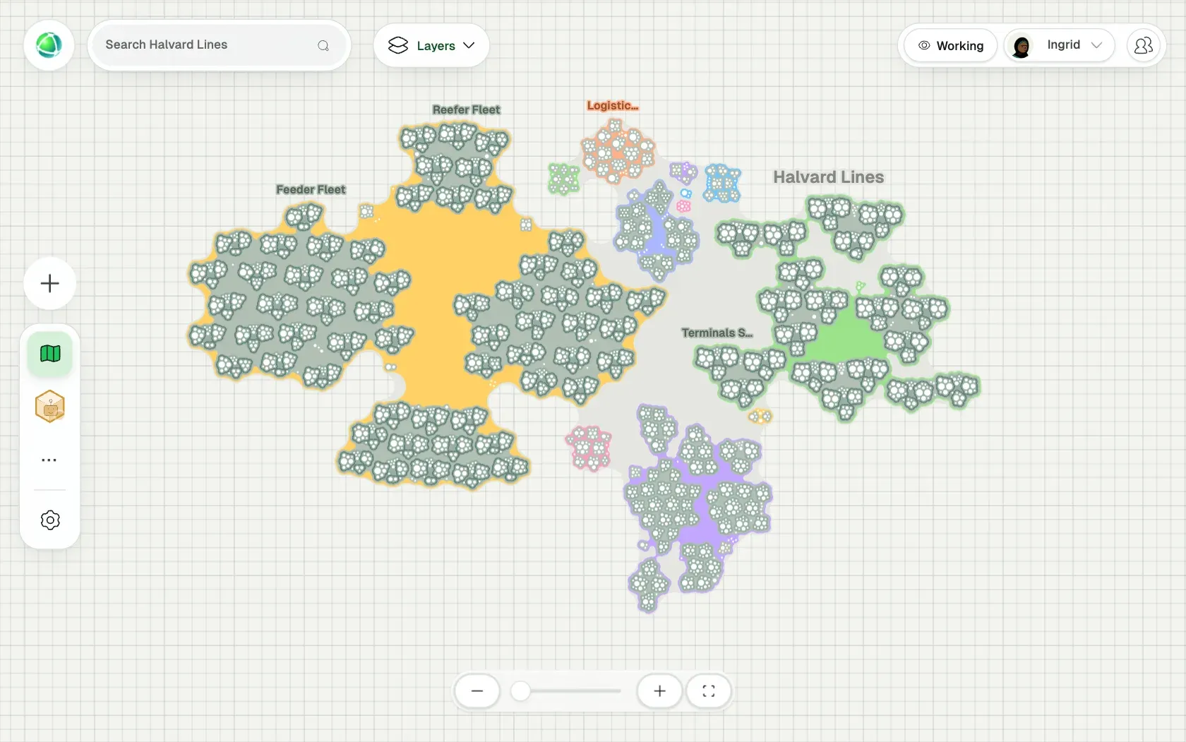 Peerdom showing Halvard Lines, a fictional organization of 5,000 people, as Clusters: its teams, the roles in each team and who holds them.