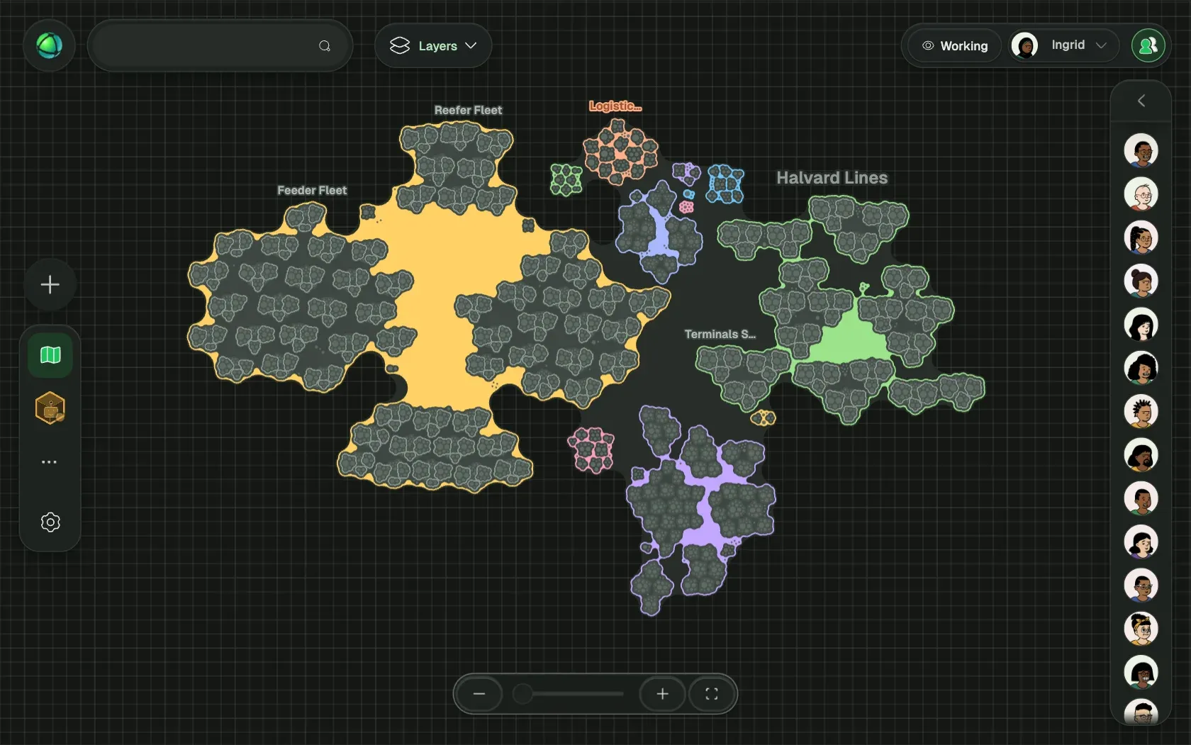 Peerdom showing Halvard Lines, a fictional organization of 5,000 people, as Clusters: its teams, the roles in each team and who holds them.