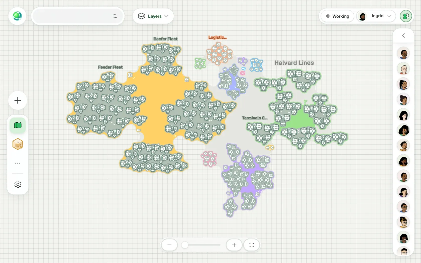 Peerdom showing Halvard Lines, a fictional organization of 5,000 people, as Clusters: its teams, the roles in each team and who holds them.