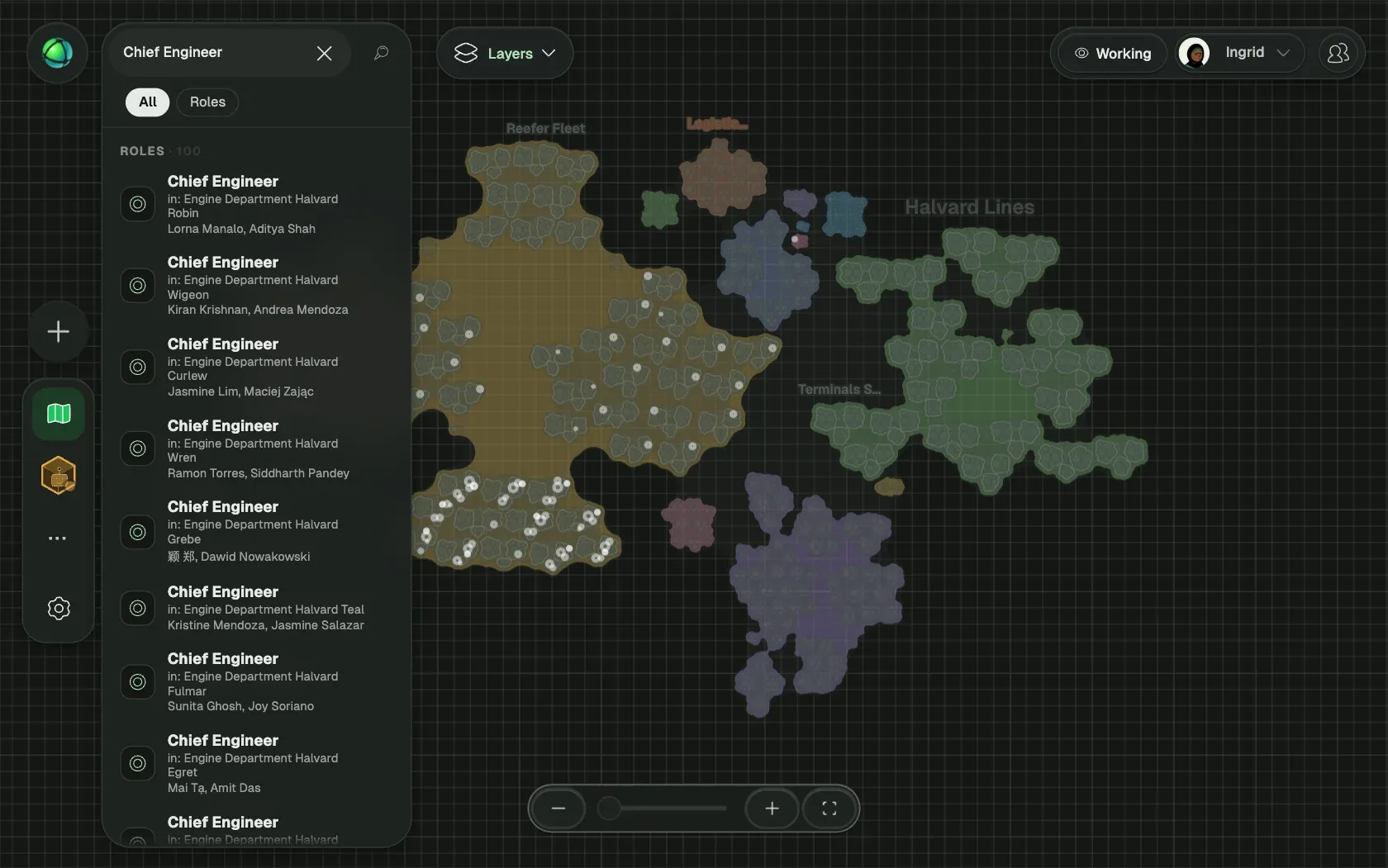 Peerdom showing Halvard Lines, a fictional organization of 5,000 people, as Clusters: its teams, the roles in each team and who holds them.