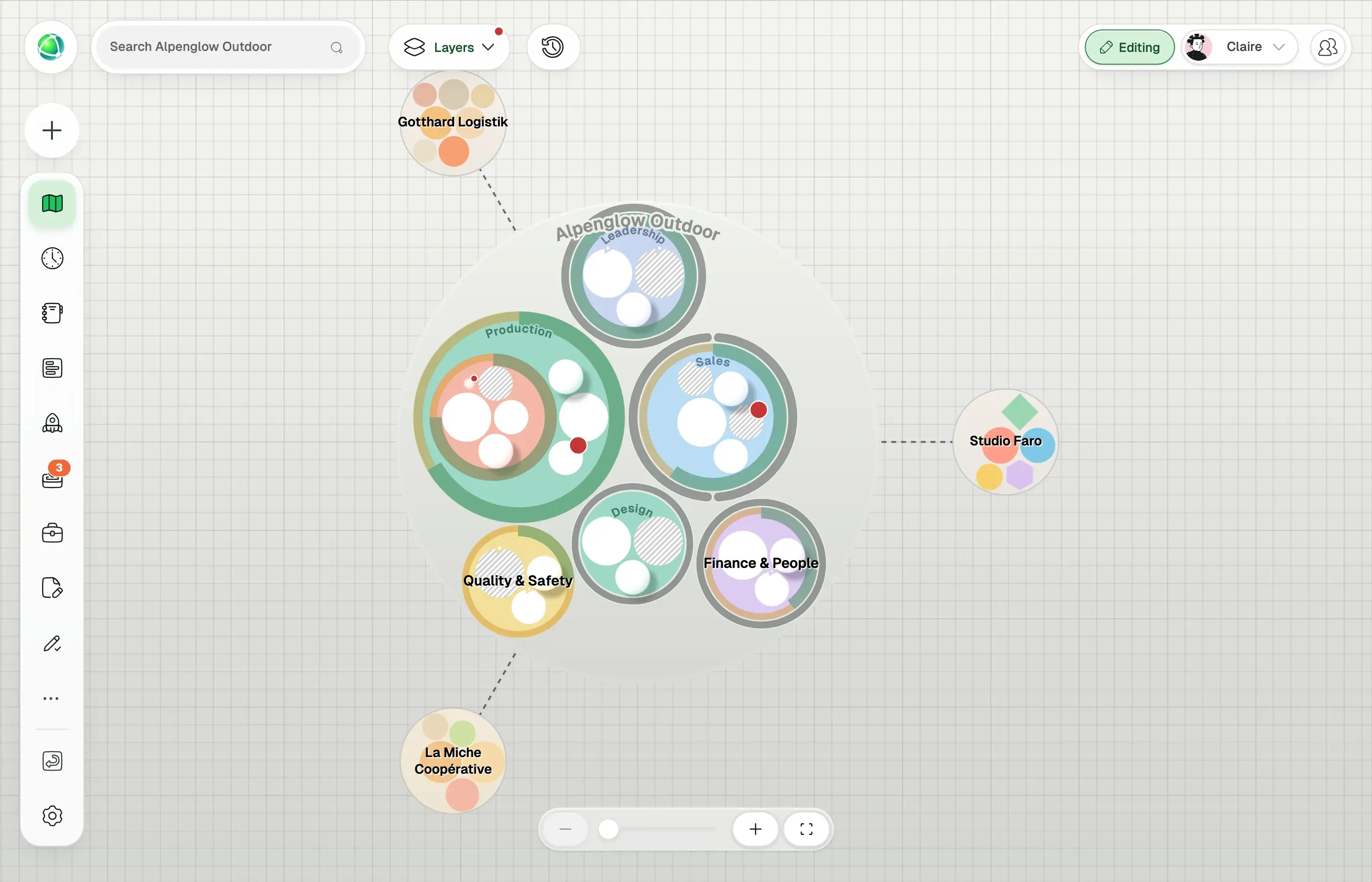 Peerdom showing the fictional company Alpenglow Outdoor as nested teams, as a Bubble Map and as a classic org chart, with each team's positions, the people who hold them and rings for how far their goals have come.