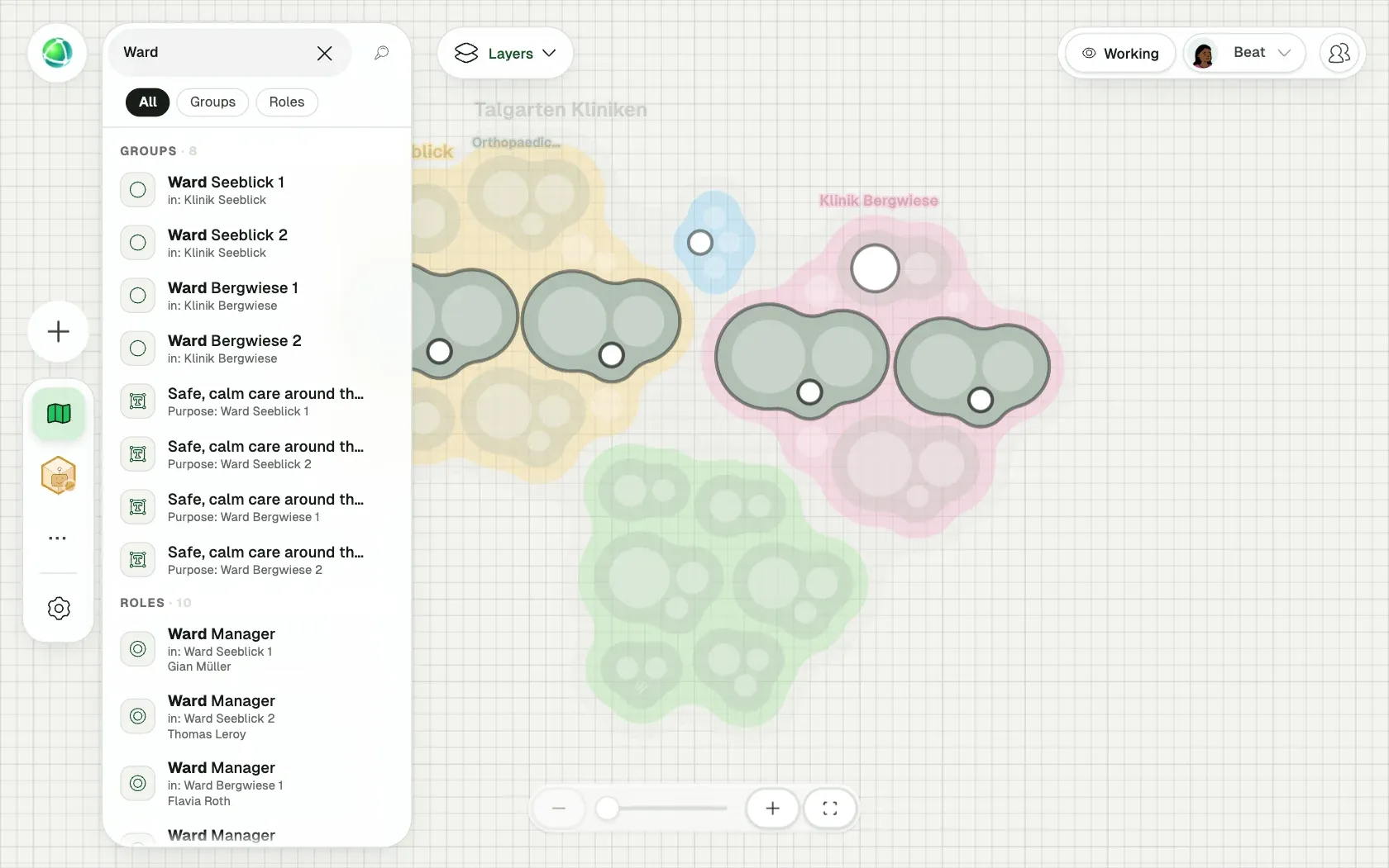 Peerdom showing Talgarten Kliniken, a fictional organization of 151 people, as Clusters: its teams, the roles in each team and who holds them.