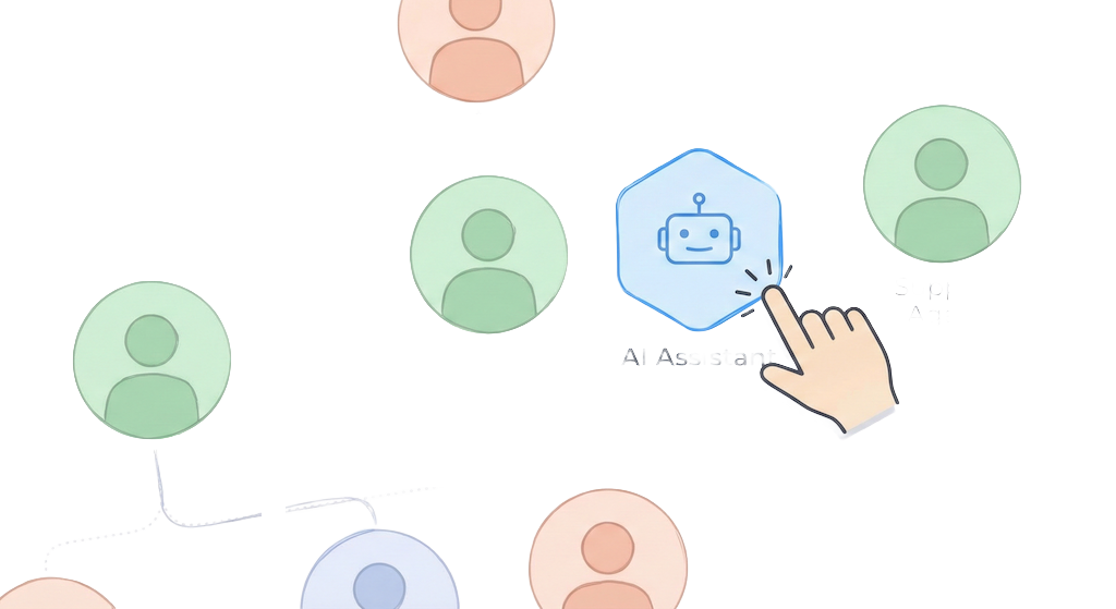 Illustration of an organizational map showing human and AI roles working together