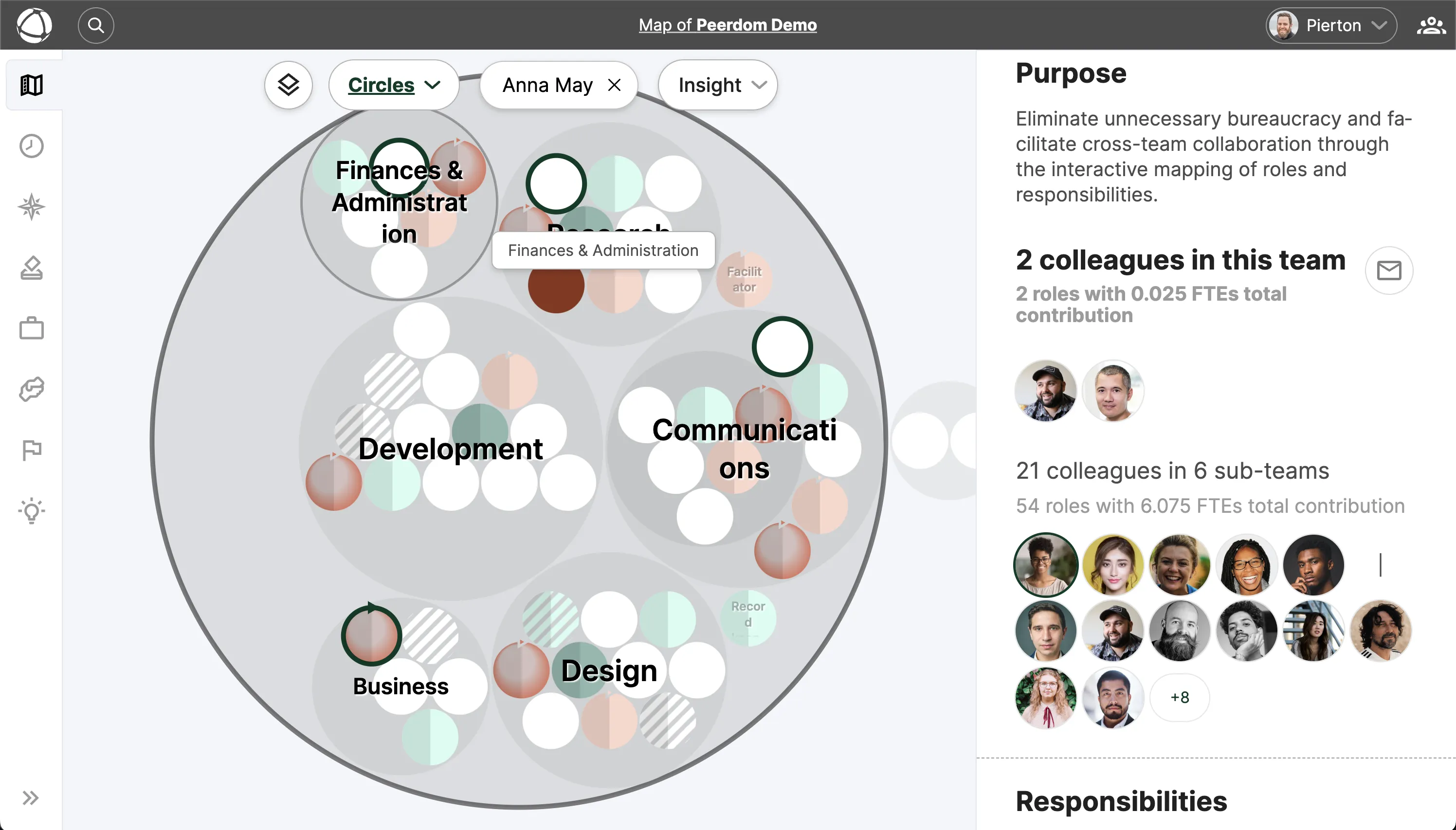 As a shared reference, Peerdom helps you simplify the complexity of maintaining a role-based organisation. When you select a peer (right-hand column), his or her current role portfolio is highlighted (left-hand side).