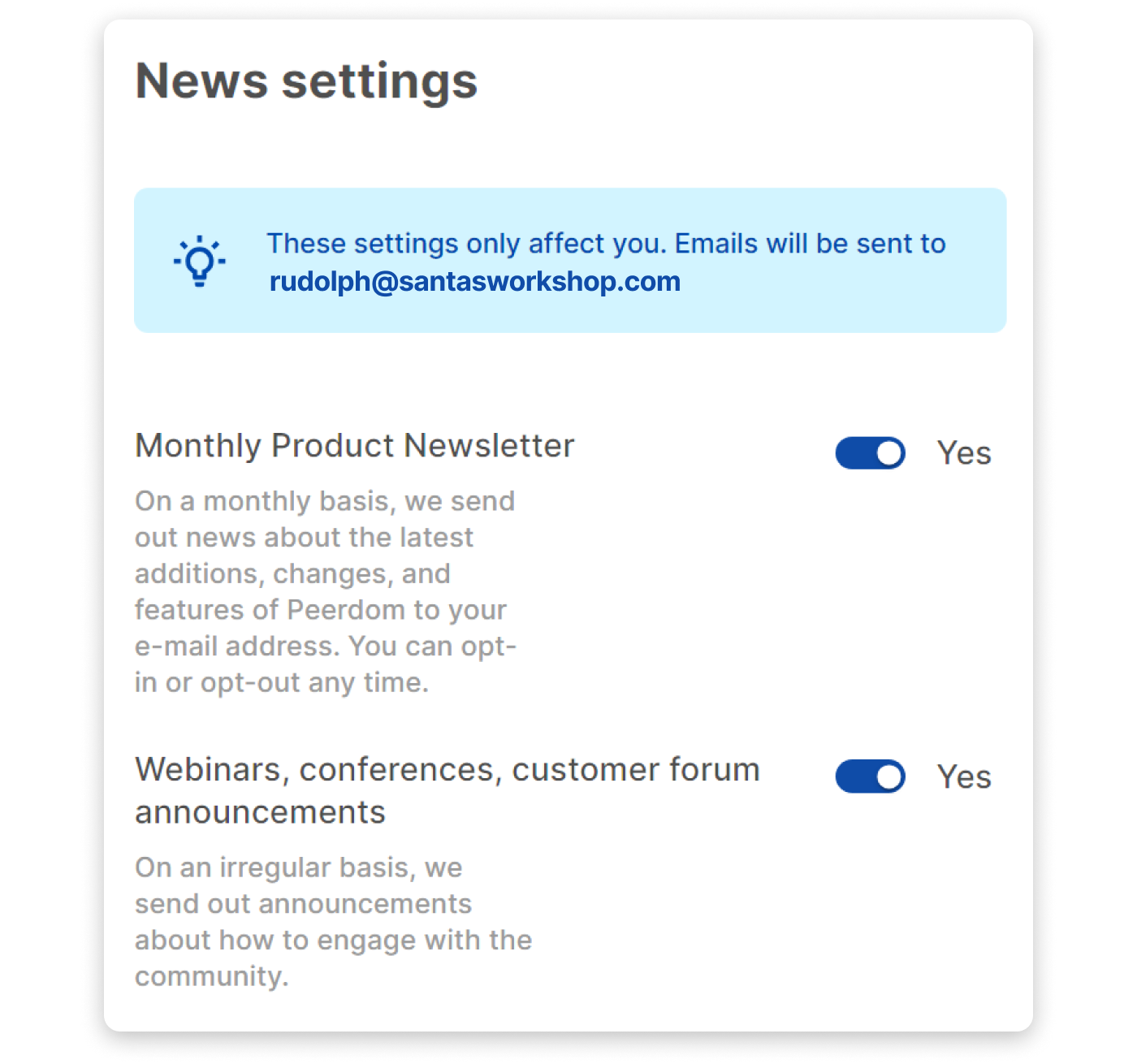 Customize when and how Peerdom can contact you in the Personalisation Settings.