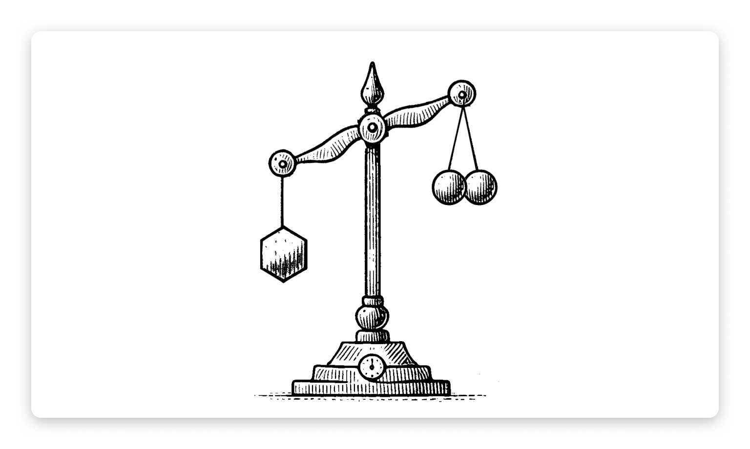 Illustration of a scale where with a hexagon on the left and two spheres hanging on the right.