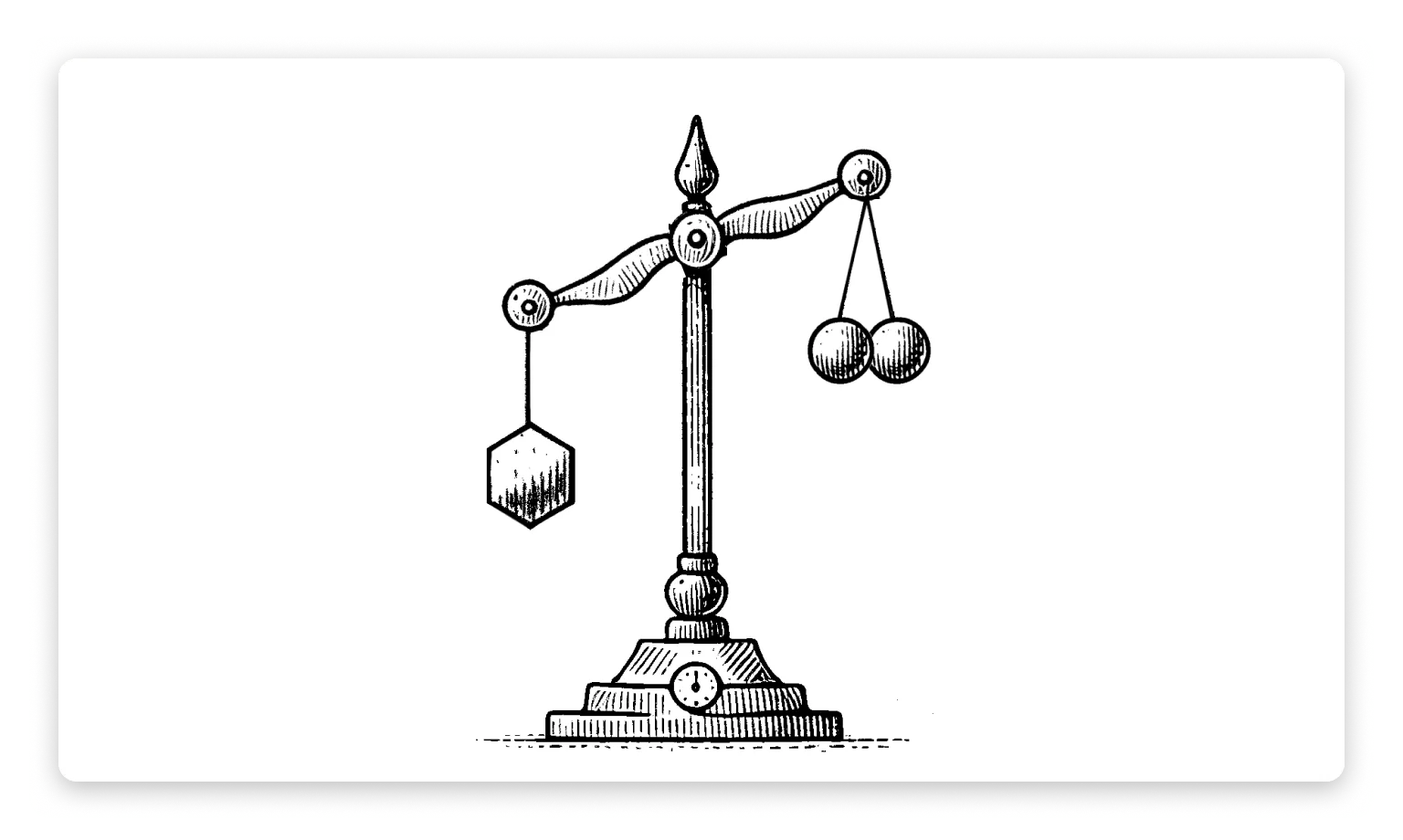 Illustration of a scale where with a hexagon on the left and two spheres hanging on the right.