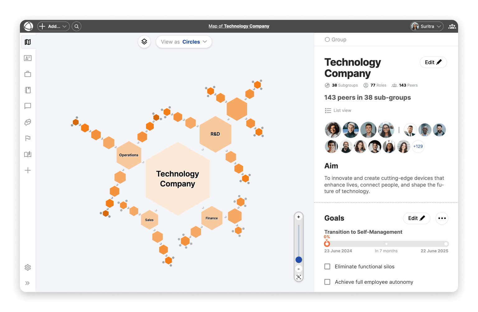 Screenshot of the Peerdom map with hexagonal roles and groups that are stacked ontop of eachother.