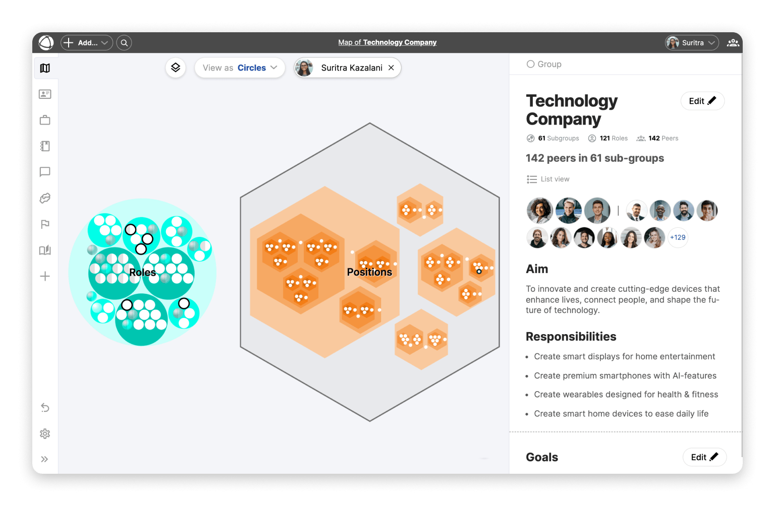 Screenshot of the Peerdom map with hexagonal roles and groups that are stacked ontop of eachother.