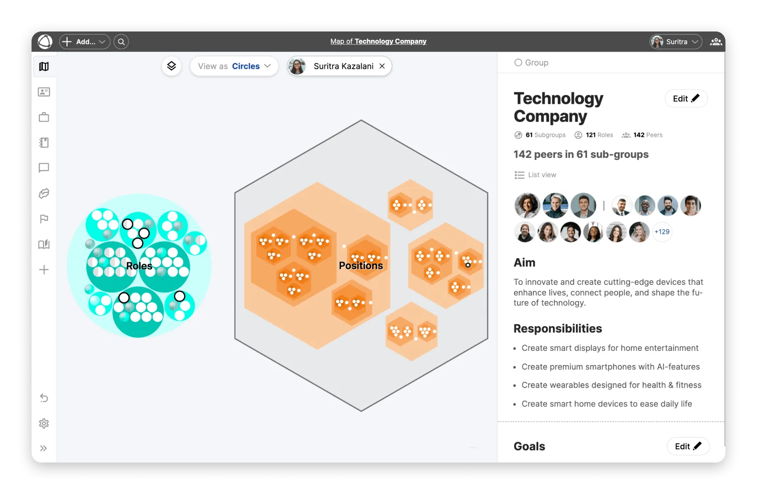 Screenshot of the Peerdom map with hexagonal roles and groups that are stacked ontop of eachother.