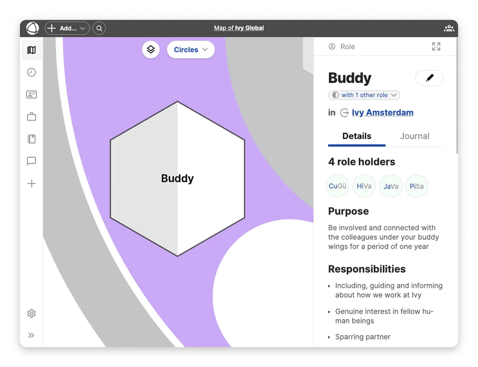 Screenshot of the description of the Buddy role on the org map of Ivy Global.