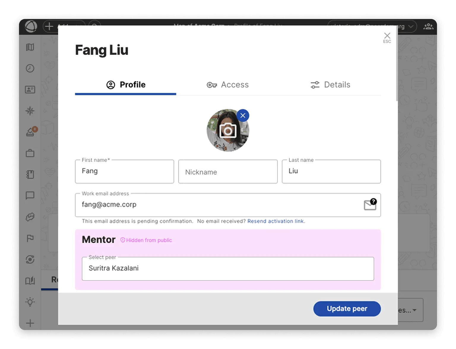 Screenshot of the peer profile edit screen showing that a new mentor was added as a new peer relationship.