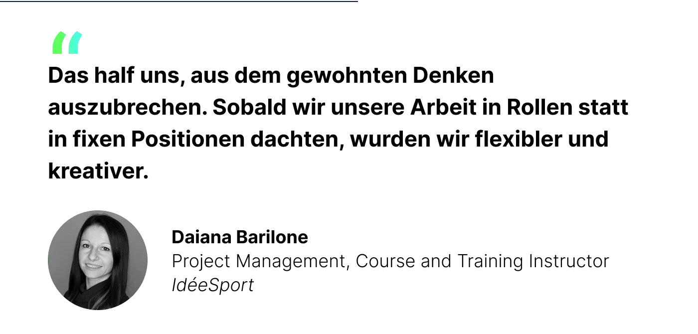 Zitat Daiana Barilone, “Das half uns, aus dem gewohnten Denken auszubrechen. Sobald wir unsere Arbeit in Rollen statt in fixen Positionen dachten, wurden wir flexibler und kreativer.”