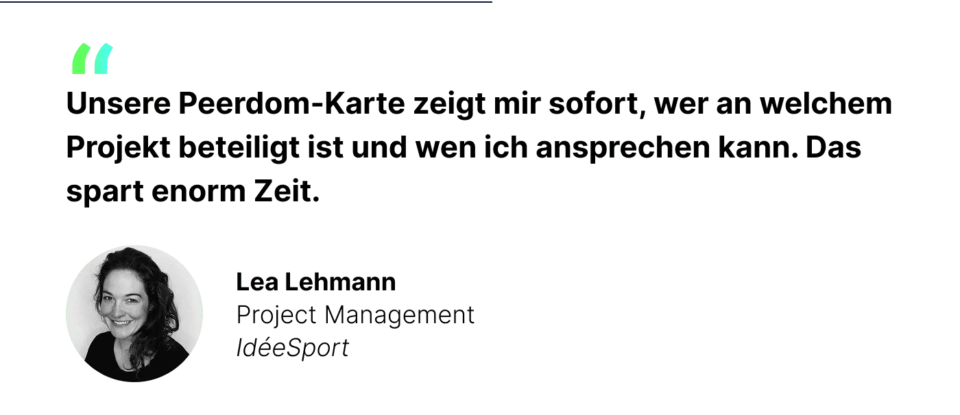 Zitat Lea Lehmann, “Unsere Peerdom-Karte zeigt mir sofort, wer an einem Projekt beteiligt ist und wen ich ansprechen kann. Das spart enorm Zeit.”