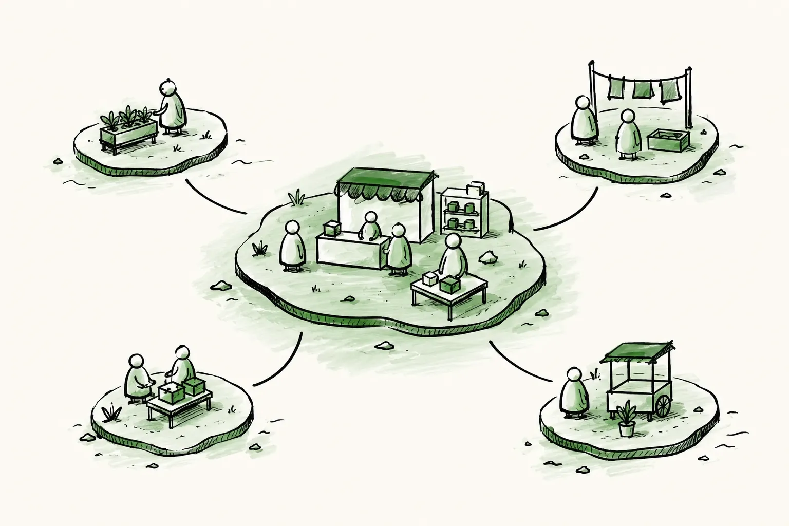 Hand-drawn illustration of small islands, each hosting a microenterprise such as a market stall or workshop with its own people, linked together in a network, depicting how Peerdom maps the microenterprises of the RenDanHeYi model