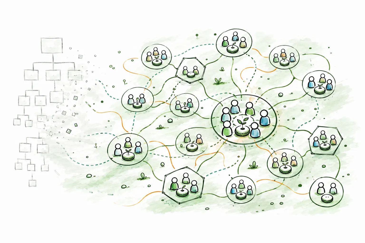 Hand-drawn illustration of a rigid hierarchical org chart on the left dissolving into a network of interconnected circular team clusters on the right, depicting the shift from hierarchy to dynamic shared ownership