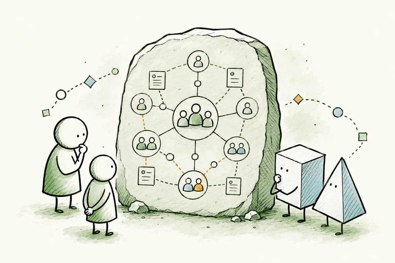 Hand-drawn illustration of people and geometric AI-agent characters reading an organization chart engraved on a large stone tablet