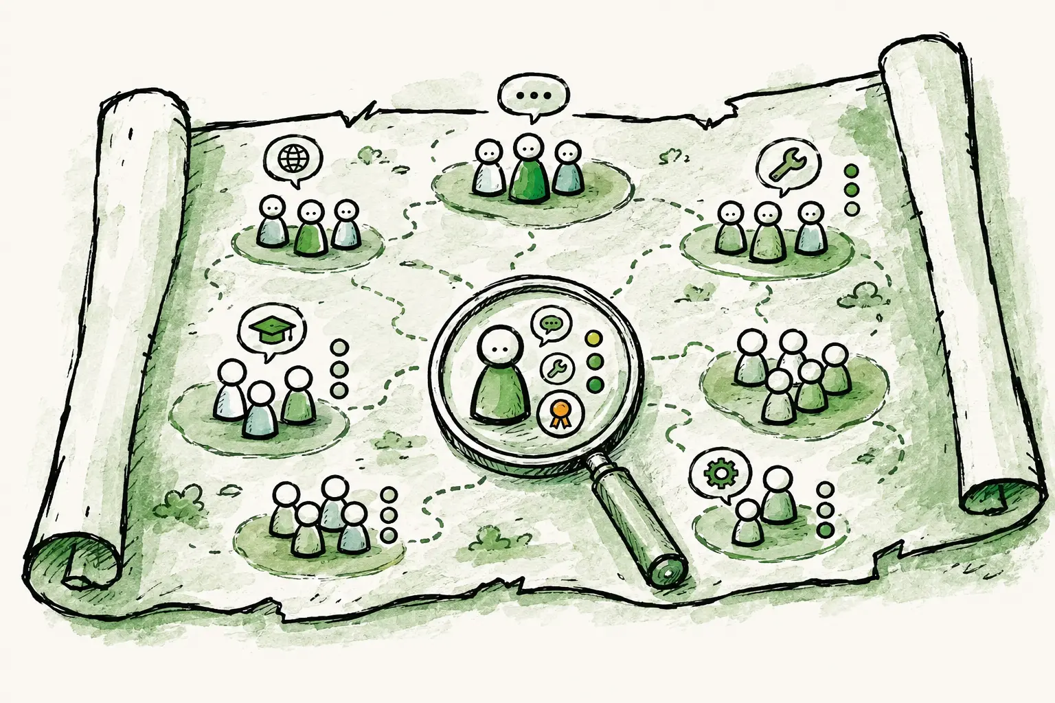 Hand-drawn illustration of an org chart on a scroll, with groups of people tagged by skill icons for languages, tools, and certifications, and a magnifying glass highlighting one person's skills and proficiency levels