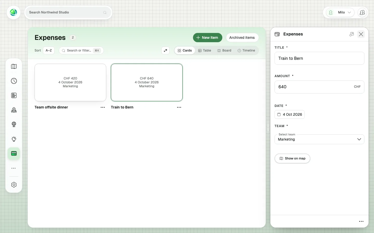 De onkosten-app zoals een Lid hem ziet, met twee items: het diner van de teamoffsite van CHF 420 en de trein naar Bern van CHF 640.