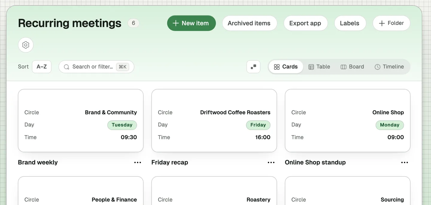 Terugkerende overleggen als kaarten: Brand weekly op dinsdag om 09:30, Friday recap om 16:00 en de standup van de Online Shop op maandag om 09:00.