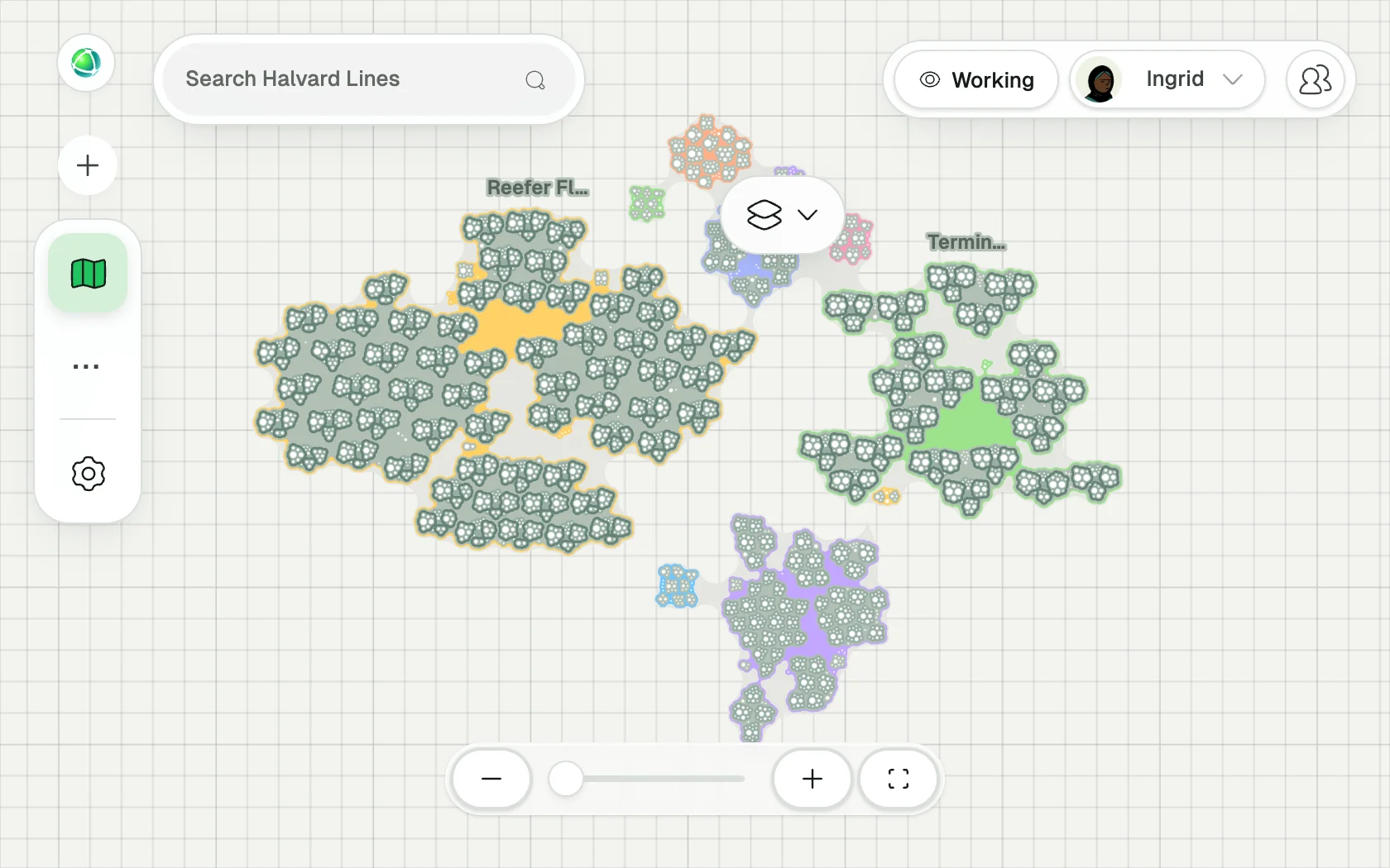 Peerdoms Bubble-Karte von Halvard Lines, einem fiktiven Unternehmen mit 10'000 Personen: jede Division eine farbige Region, ihre Teams und Rollen dicht darin gepackt