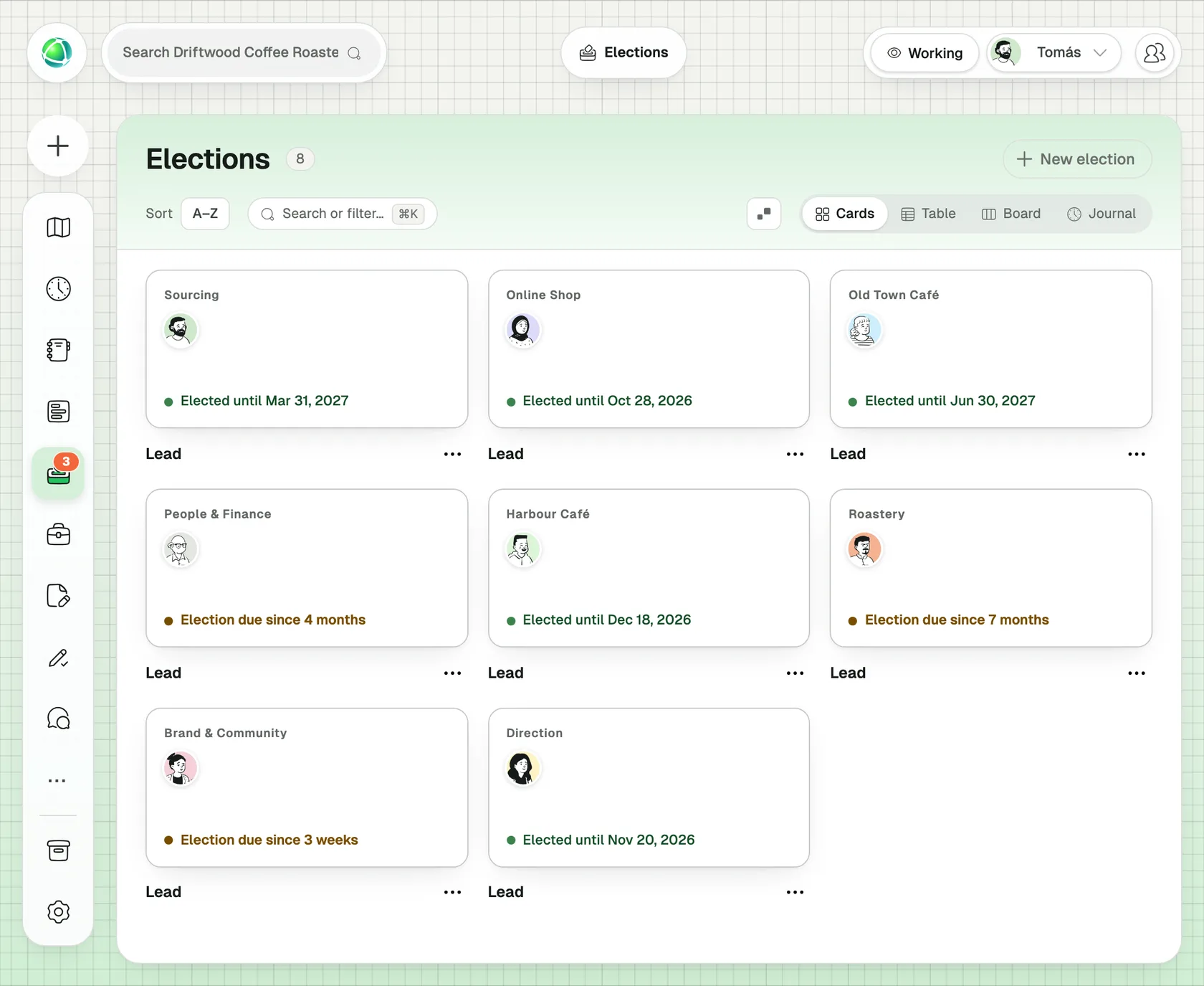 L'app Élections chez Driftwood Coffee Roasters, une entreprise fictive : huit rôles Lead sous forme de cartes, chacun avec la personne qui l'occupe et soit « Elected until » suivi d'une date, soit « Election due since » suivi d'un nombre de semaines ou de mois