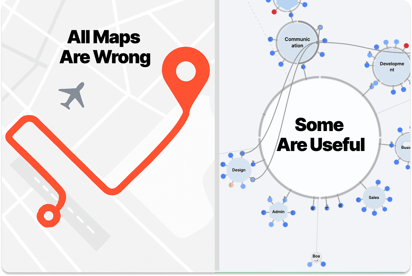 Stylized illustration comparing a misleading navigation route with a useful organizational map.