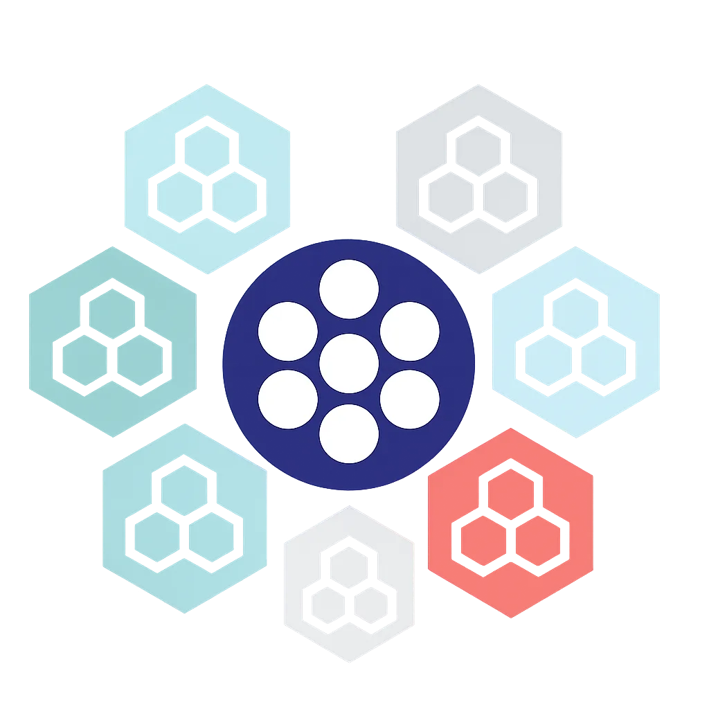 Illustration of Bayer Pharma Schweiz organization design where Chapters (hexagons) surround Nuclei (circles). Each person belongs to a single home-team Chapter and may also work in several Nuclei.