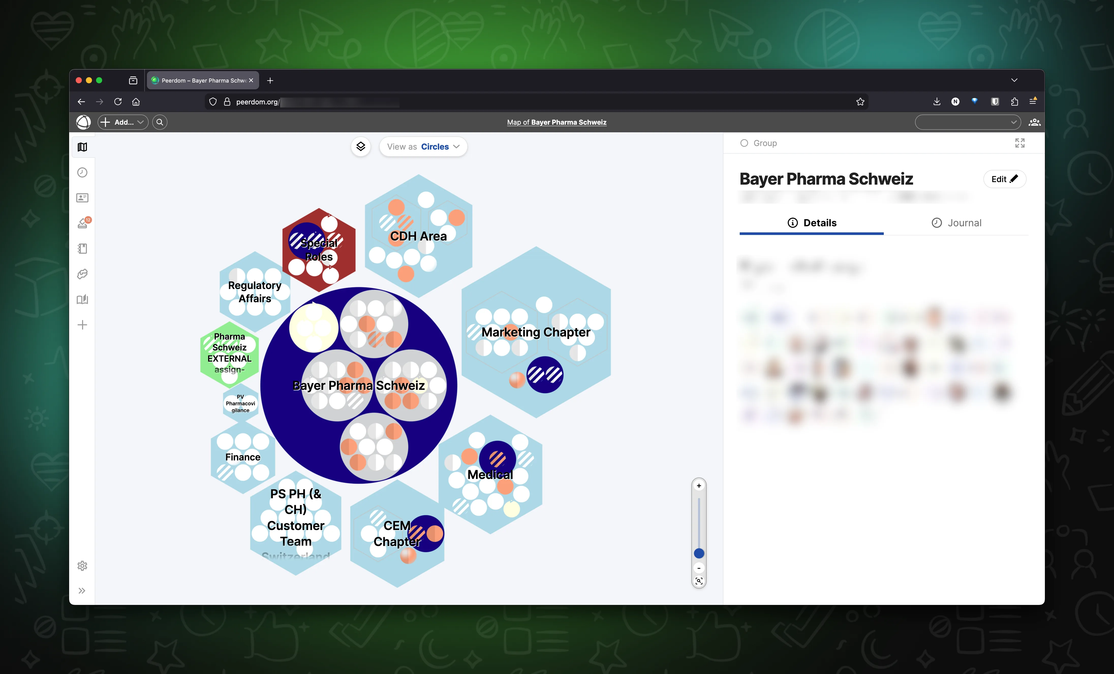 Bayer Pharma Schweiz map in Peerdom where Chapters (hexagons) surround Nuclei (circles). Each person belongs to a single home-team Chapter and may also work in several Nuclei.