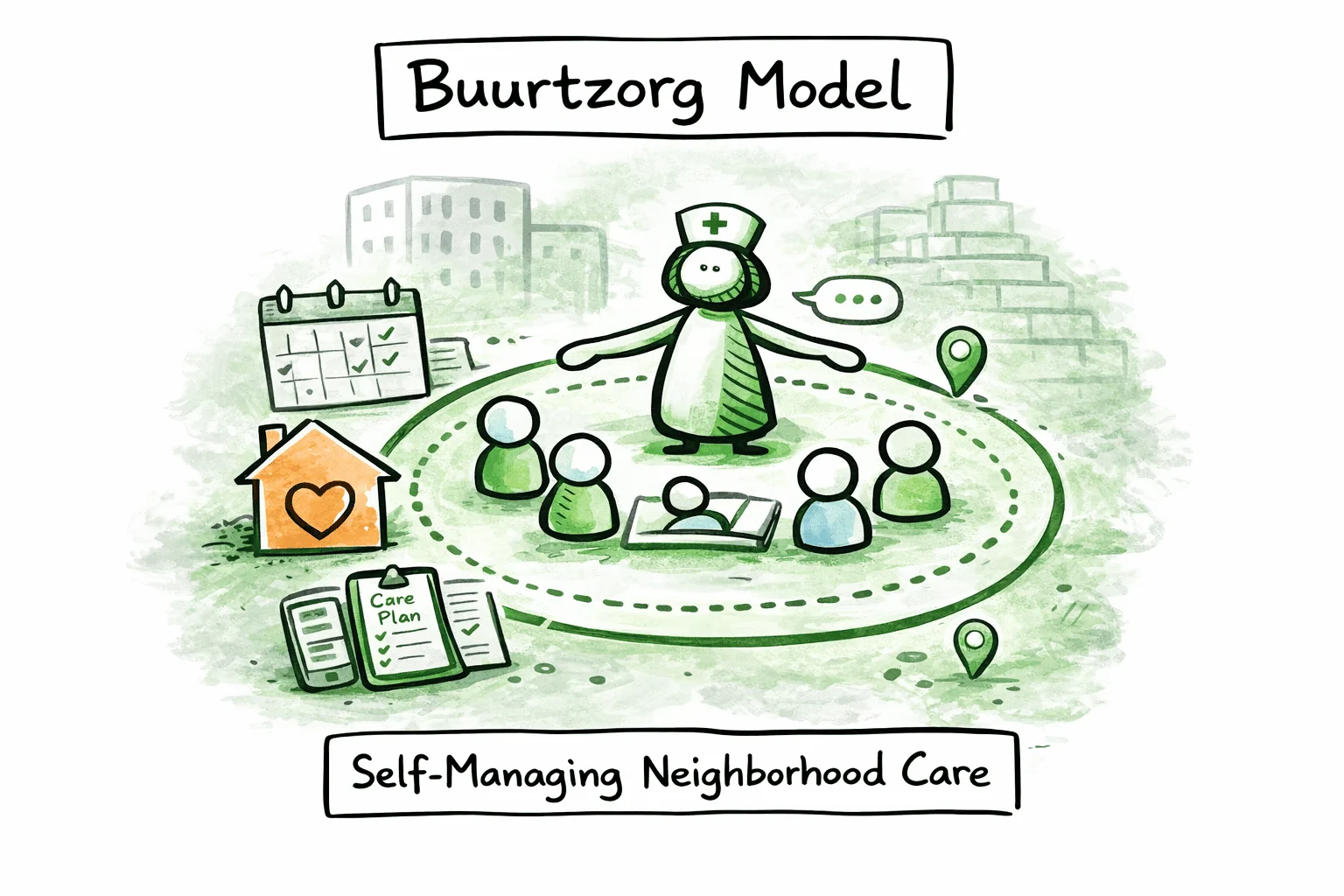 Illustration of the Buurtzorg Model showing self-managing neighborhood care teams