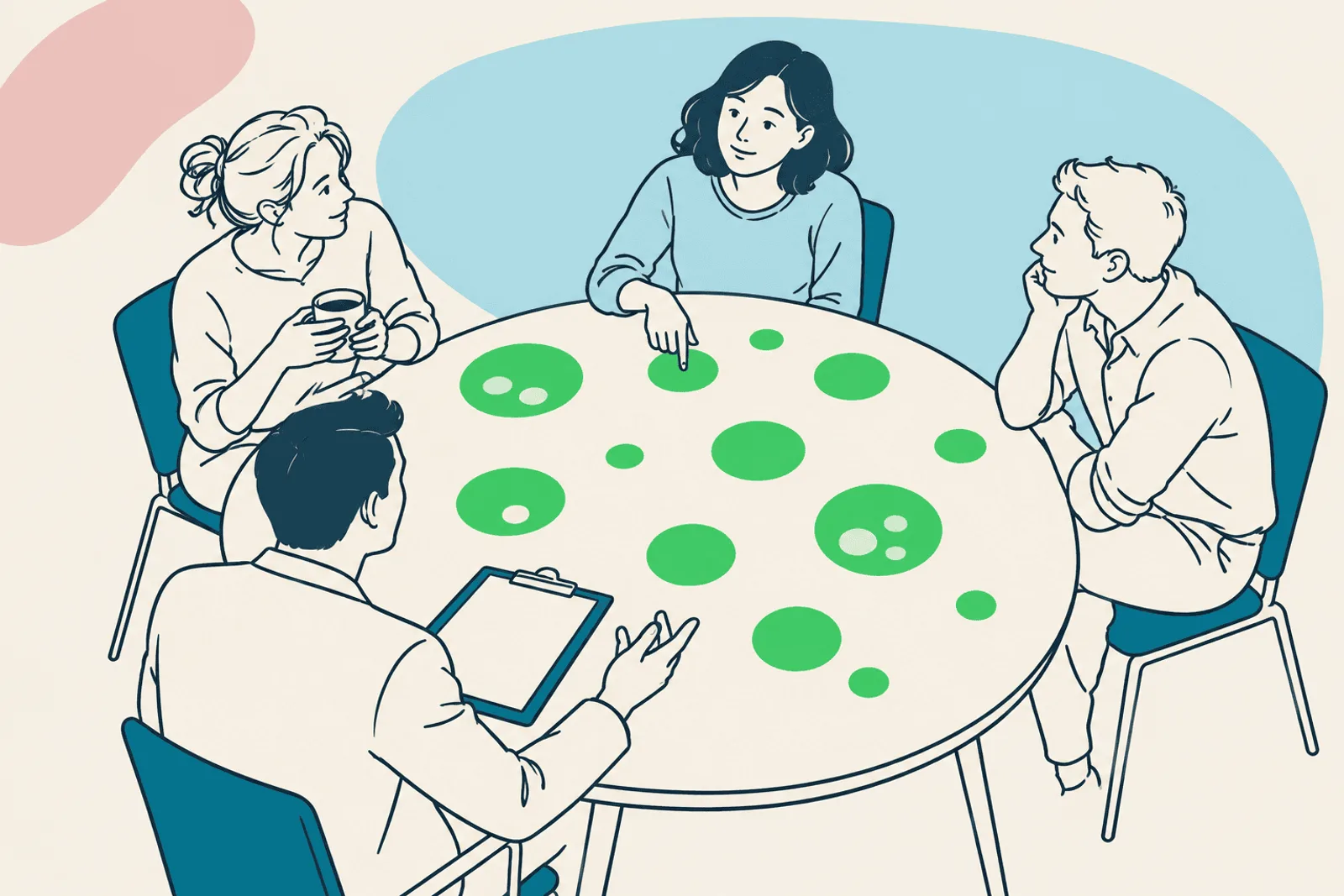 Four colleagues around a round table whose top is a Peerdom map: green circles of different sizes, some holding smaller ones inside them. One of them points at a circle while another, holding a clipboard, listens.