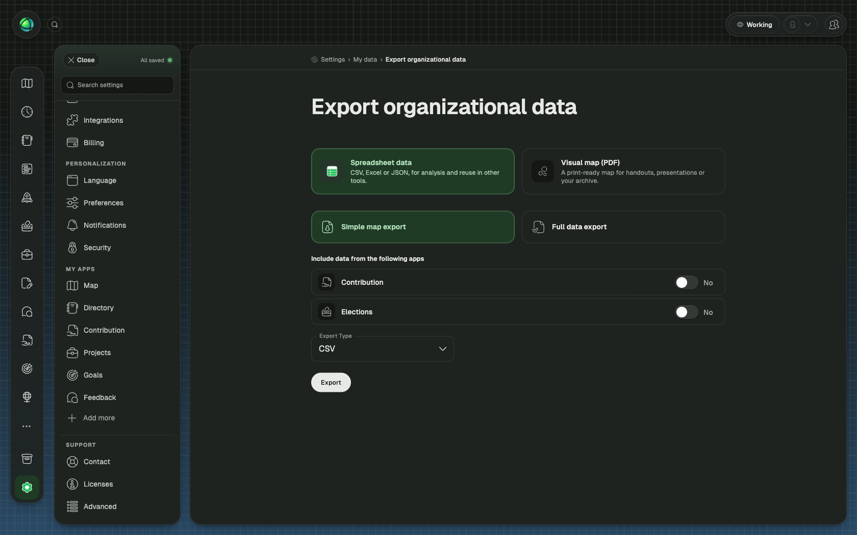 Choose between a simple map snapshot or a full CSV data export containing all organization data.