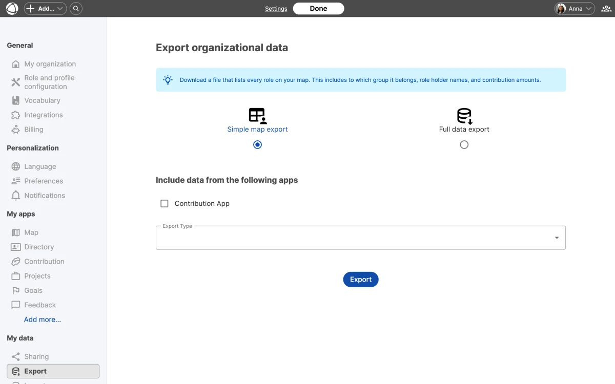 The My Data page showing Simple export and Full export options with download buttons.