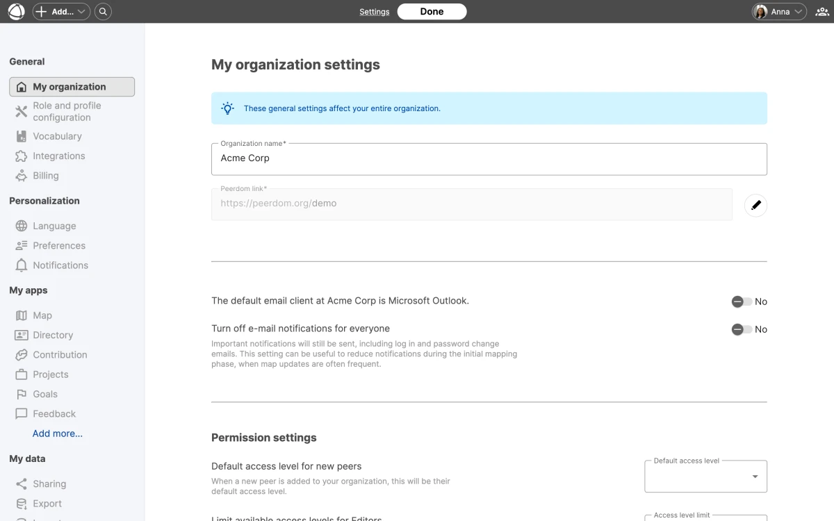 Settings gives Owners centralized control over organization name, permissions, and preferences. The Organization Settings page showing the organization name, Peerdom link, email client preference, and default access level configuration.