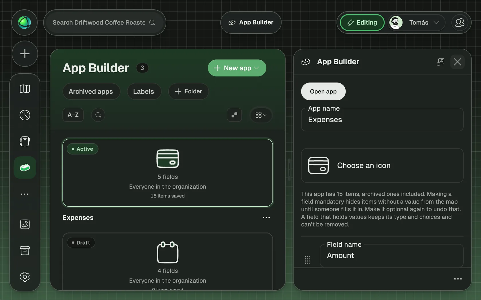Elke app ontwerp je op één pagina, en elke wijziging wordt tijdens het typen bewaard.