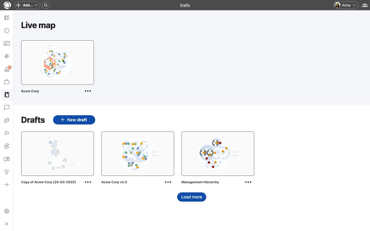 The Drafts overview showing the live map at the top and three draft maps below with thumbnail previews.